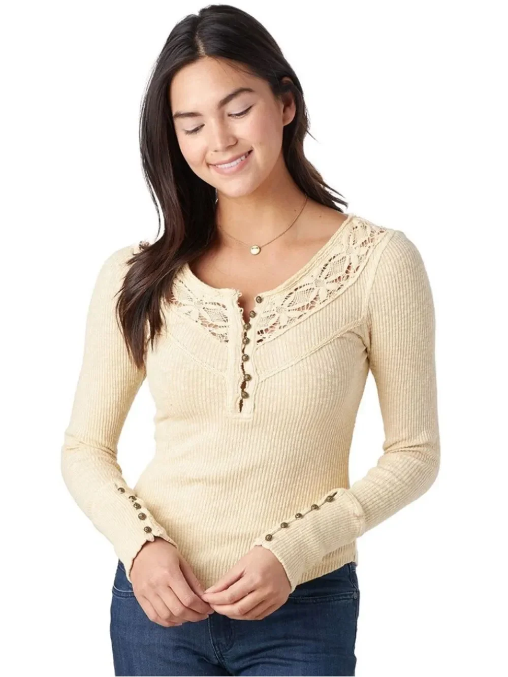 free people M Come On Over Ribbed Knit Lace Buttoned Long Sleeves Thermal Top